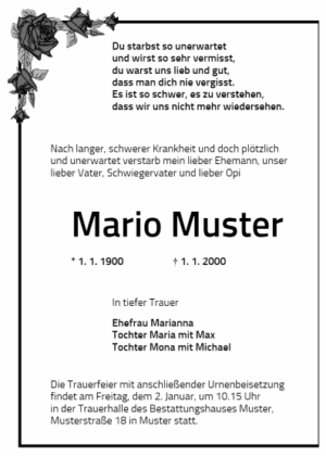 Traueranzeige TR 8, 79x110, schwarze Rosenecke, oben links